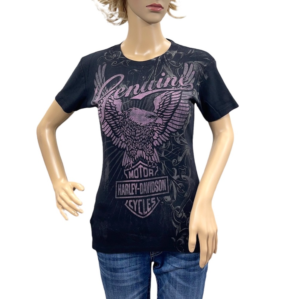 HARLEY-DAVIDSON Women’s Black Ribbed Short Sleeve Tee Shirt Size Small